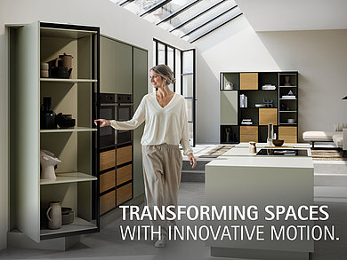 "Transforming Spaces – with innovative motion." – At interzum 2025, Hettich will be showing how the fascination of versatile furniture worlds makes "transformation" an emotional experience. Photo: Hettich.