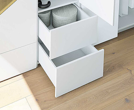 Auszugsführung Quadro für Holzschubkästen: Grifflose Schubkästen mit Push to open Funktion lassen sich an jedem beliebigen Punkt der Blende per Druck öffnen. Optional mit Synchronisierung.